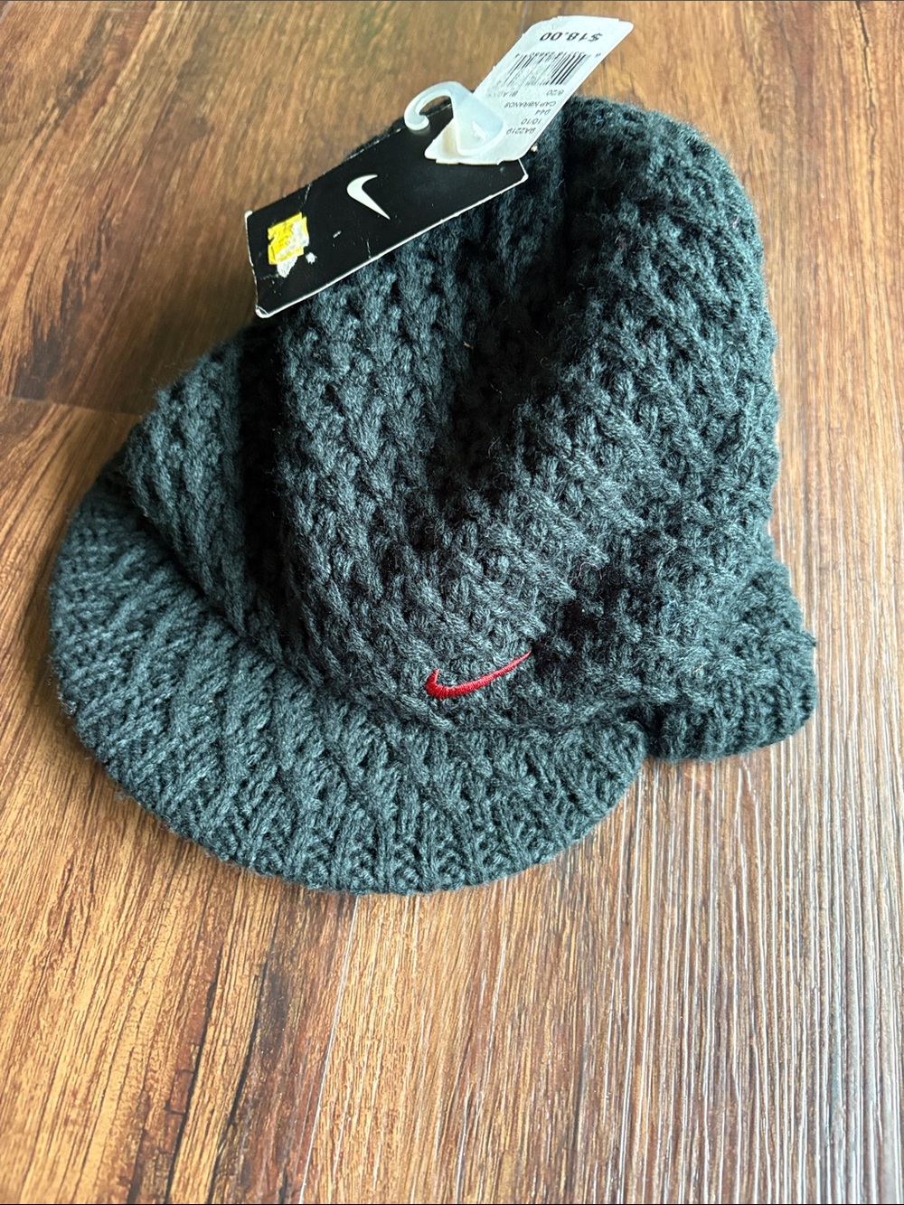 Nike Dark Black Knit Visor Beanie with Red Swoosh